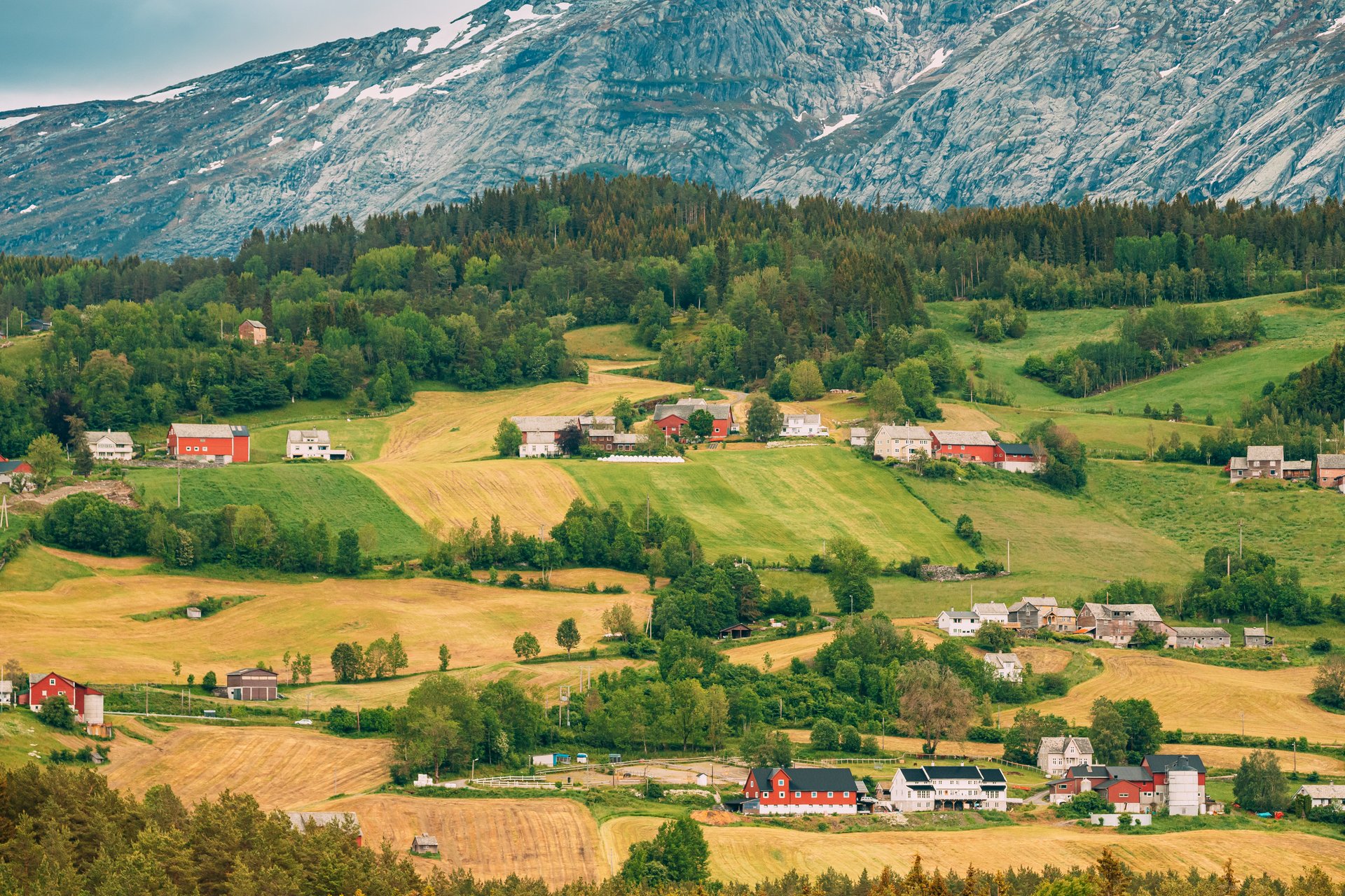 Landschaft mit Feldern und Häusern.