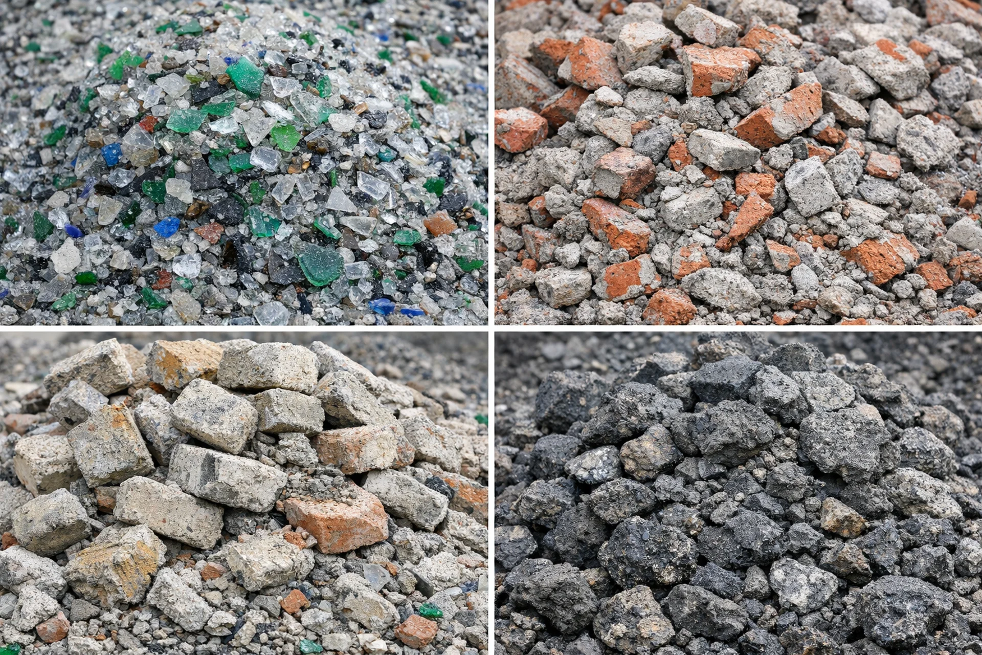 Mineralische Reststoffe (Glasrecycling, Bau- und Abbruch, Feuerfestmaterial, Schlacken). [KI-generiert]. 