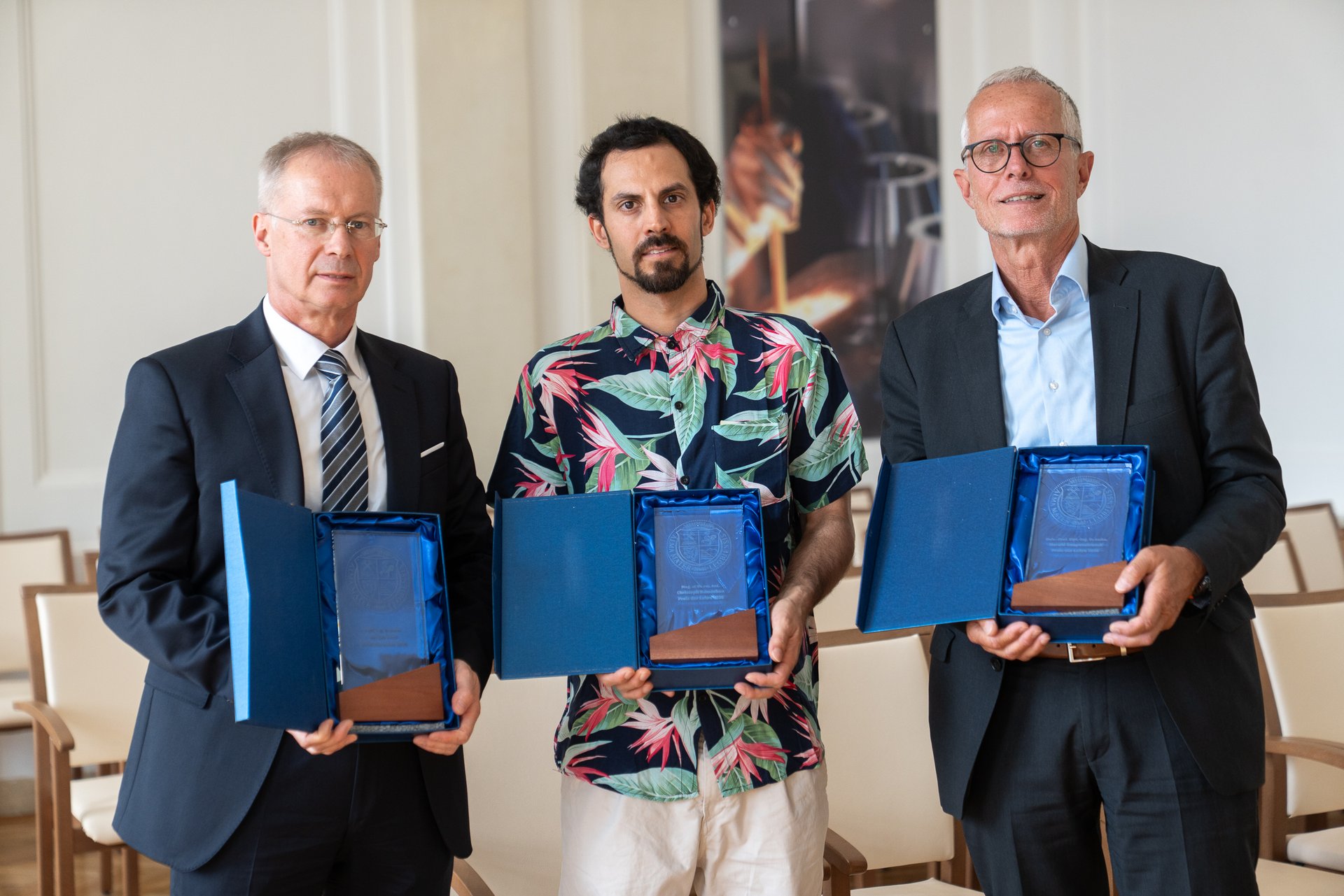 Die drei Preisträger des Preises der Lehre 2026: v.l.n.r.: Ao.Univ.-Prof. Gregor Mori, Univ.-Prof. Christoph Rameshan und Univ.-Prof. Harald Raupenstrauch. Foto: © MUL/Schnehen.