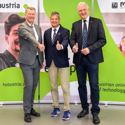 v.l.n.r: Horst Bischof (TU Graz), Jens Schneider, (TU Wien) und Peter Moser (MUL). Foto: ©  Matthias Heisler.  
