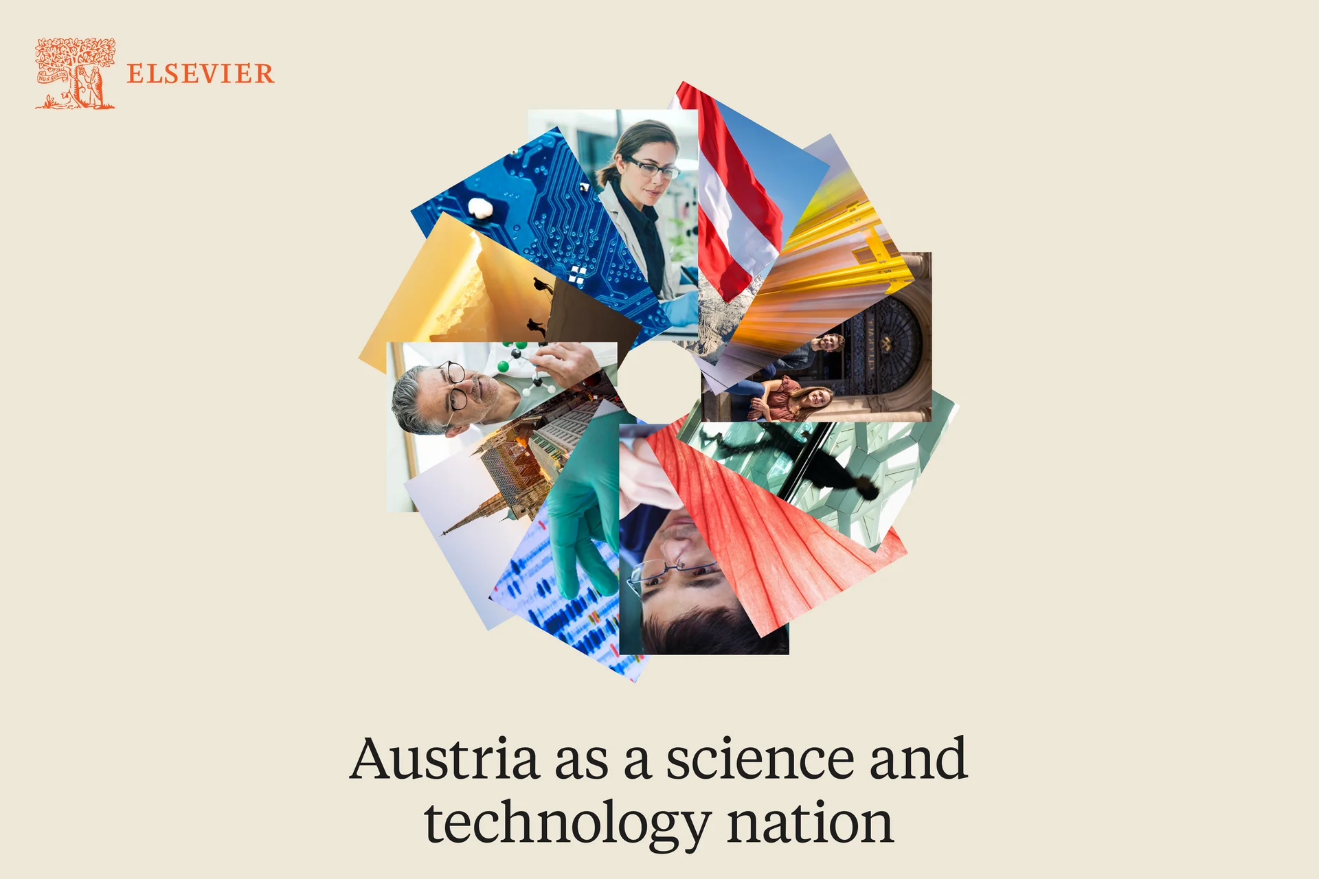 Elsevier‑Logo oben links, in der Mitte ein kreisförmiges Collage‑Motiv aus Technik‑ und Wissenschaftsbildern (Labor, Leiterplatte, Industrie, Architektur, Österreich‑Flagge). Darunter der Titel „Austria as a science and technology nation“.