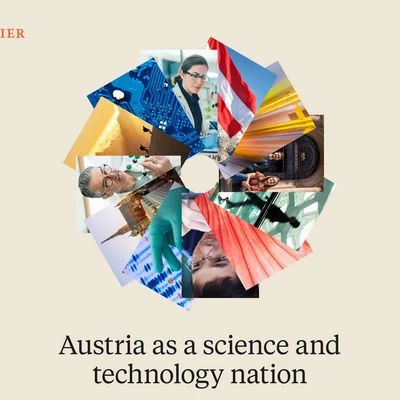 Elsevier‑Logo oben links, in der Mitte ein kreisförmiges Collage‑Motiv aus Technik‑ und Wissenschaftsbildern (Labor, Leiterplatte, Industrie, Architektur, Österreich‑Flagge). Darunter der Titel „Austria as a science and technology nation“.