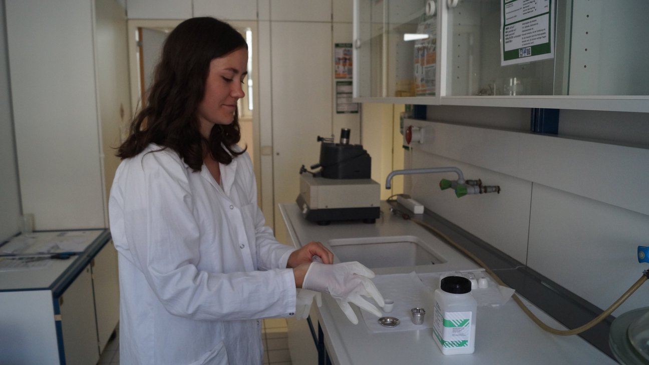 Hier mischt Sabrina Flussmittel zu ihren aufgemahlenen Proben, um Schmelzpillen für die RFA-Analysen herzustellen. DSC03180