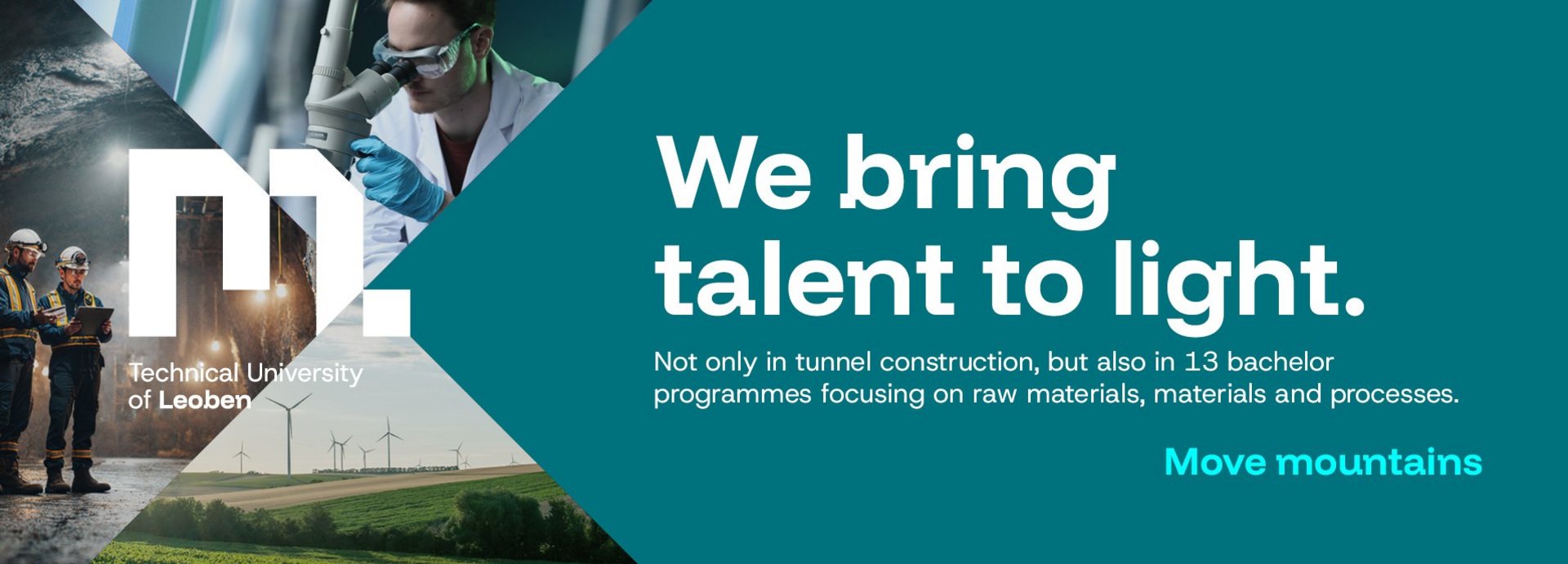 Kaleidoscope with a student in a laboratory, two employees wearing helmets in a tunnel, and a field with several wind turbines and the headline “We bring talent to light.”