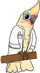 Image of the cockatoo mascot “Pi” in a lab coat. Image: © TU Leoben