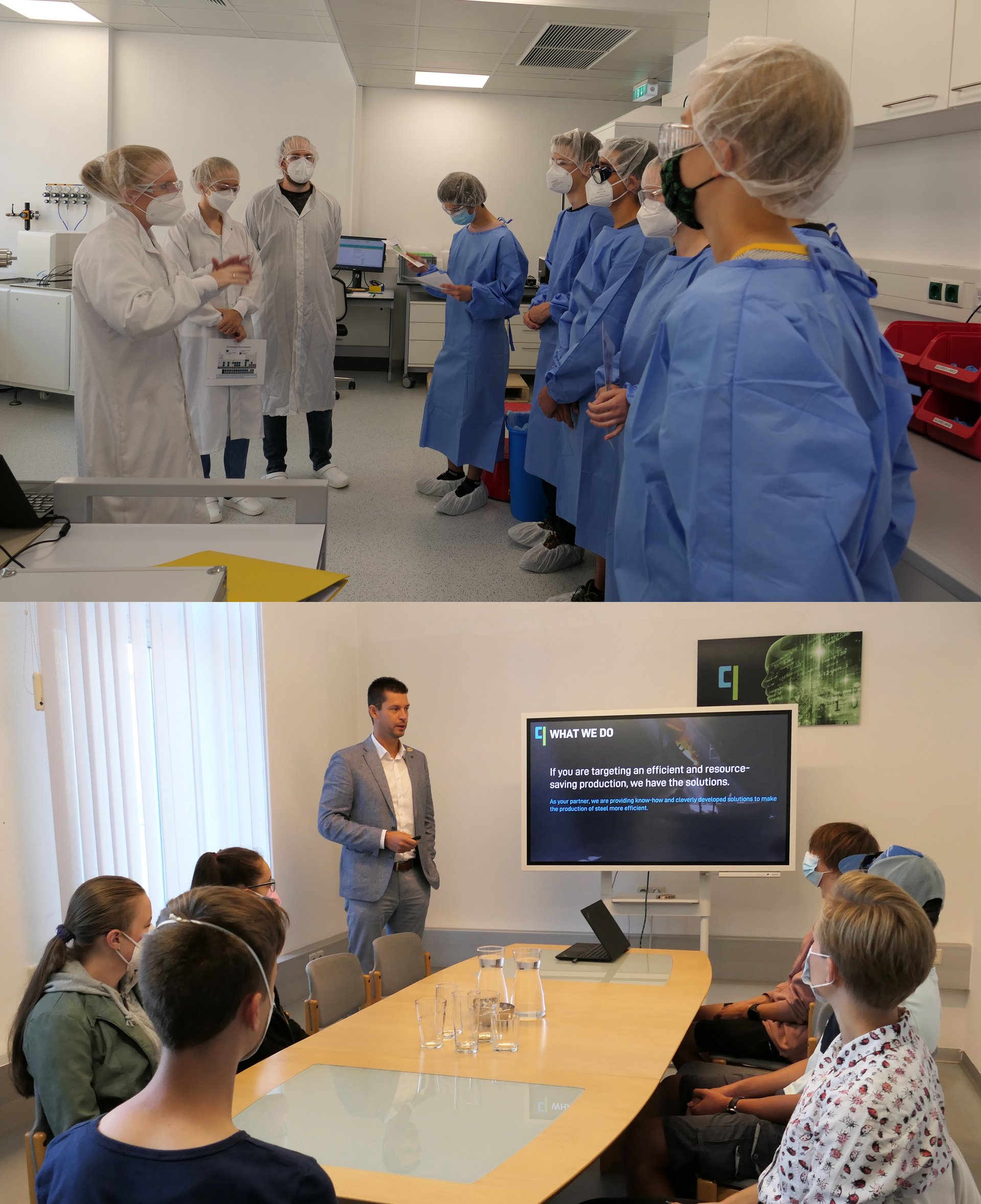Schülerinnen und Schüler besuchten das Chemielabor an der Montanuniversität Leoben (oben), bei der Firma qoncept dx GmbH erhielten sie einen Einblick ins Berufsleben (unten). Copyright - RIC Leoben