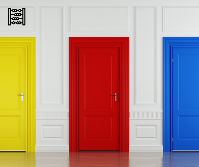 3 Türen, in gelb, rot und blau
