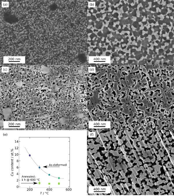 Figure 2: SEM images of the FeTi-35 vol.% Cu nanocomposite in (a) the as-deformed state and (b) after annealing for 1 h at 700 °C under dynamic vacuum. Resultant porous FeTi prepared by selectively dissolving the Cu from (c) as-deformed and (d) annealed samples. (e) EDX measurements on porous samples reveal the amount of mechanical alloying after HPT and HPT + annealing. (f) Porous FeTi infiltrated with epoxy resin. Schweiger_2