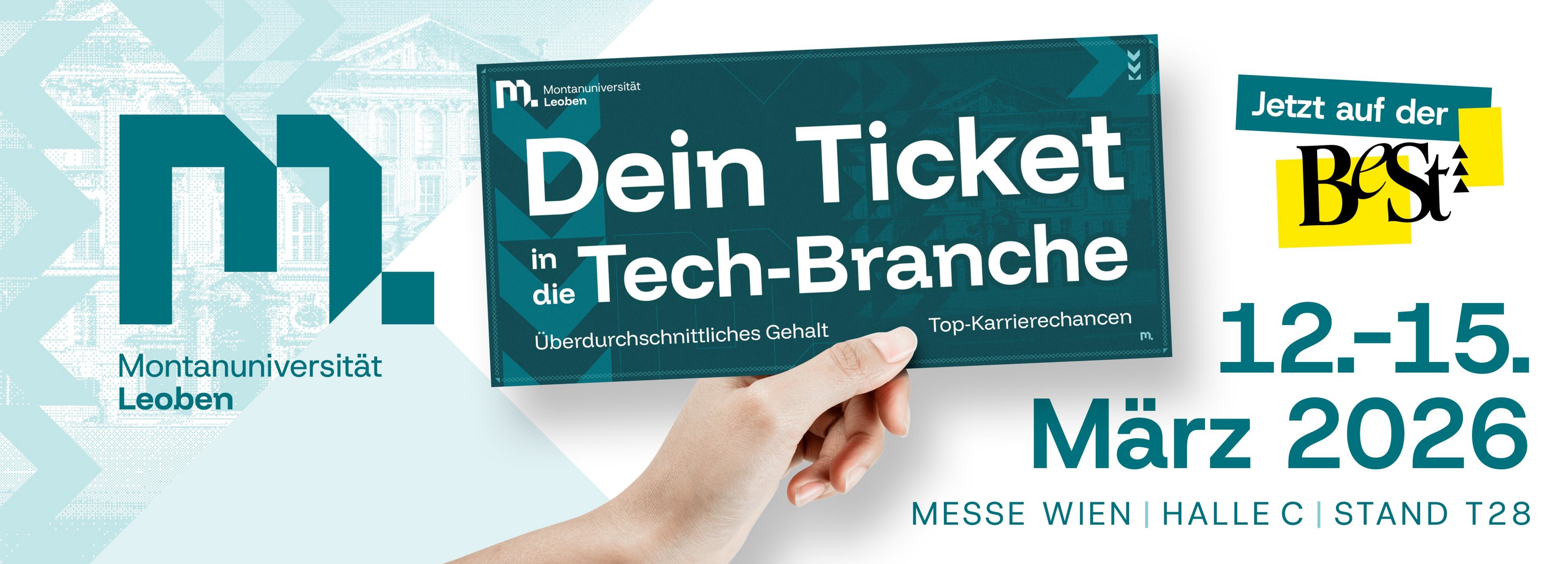 Collage mit deinem Ticket in die Tech-Branche auf der BeSt Messe Wien.