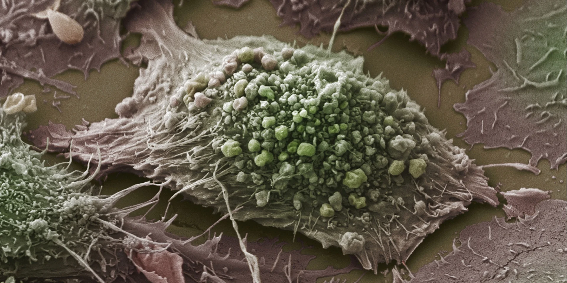 Scanning electron microscope image of a lung cancer cell. Image source: Anne Weston, Francis Crick Institute (Licensed under CC BY-NC 4.0: https://creativecommons.org/licenses/by-nc/4.0/) An image of a lung cancer cell as seen under a scanning electron microscope.