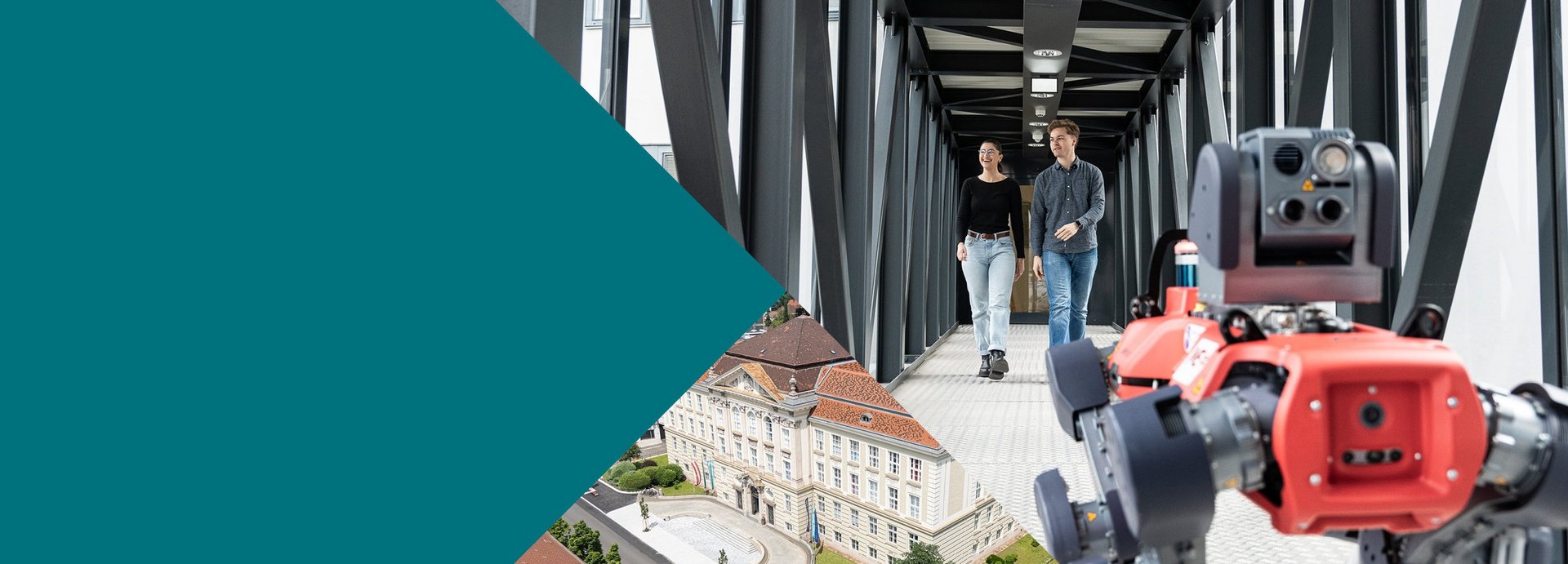 Collage mit Roboterhund und Studenten der Montanuniversität.