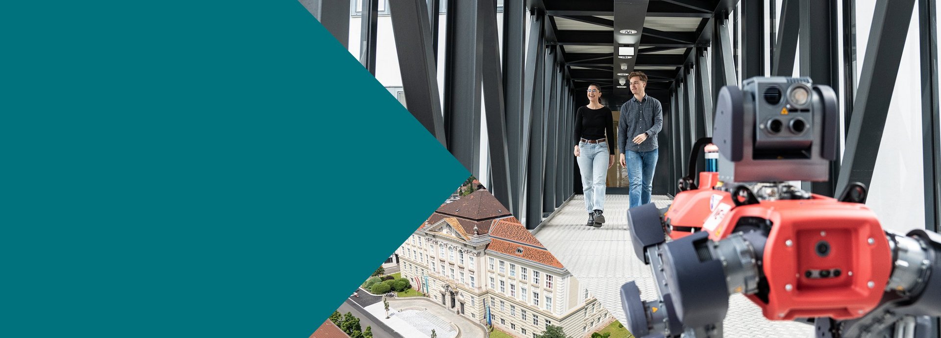 Collage mit Roboterhund und Studenten der Montanuniversität.