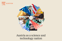 Elsevier‑Logo oben links, in der Mitte ein kreisförmiges Collage‑Motiv aus Technik‑ und Wissenschaftsbildern (Labor, Leiterplatte, Industrie, Architektur, Österreich‑Flagge). Darunter der Titel „Austria as a science and technology nation“.