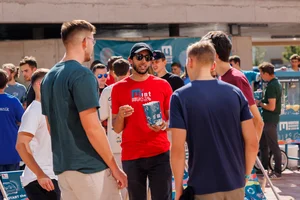 Some interested parties stand outside and receive advice.