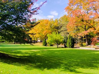 Leoben City Park with green lawns and colourful trees.