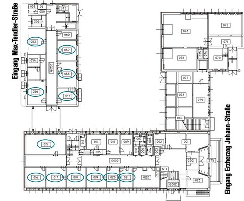 EINGANG MAX-TENDLER STRASSE: Call Center • Betreuung für Studierende //
EINGANG ERZHERZOG JOHANN STRASSE: Sekretariat • Handysignatur-Registrierungsstelle RWZ_EG