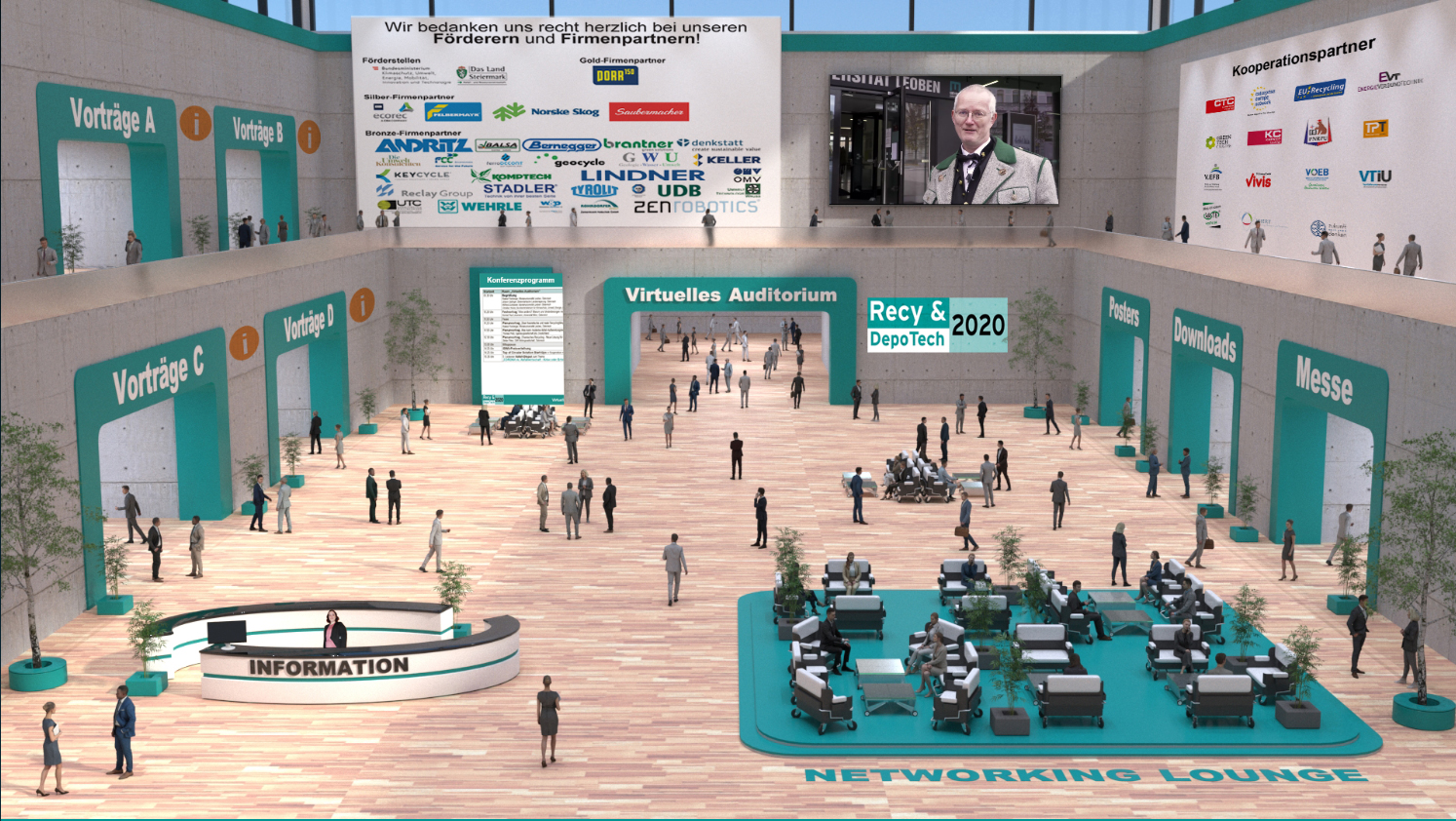 Grafik des virtuellen Konferenzzentrums mit Zugang zu u. a. Vortragssälen, einer Networking Lounge, der Posterausstellung und der Messe für Firmenpartner