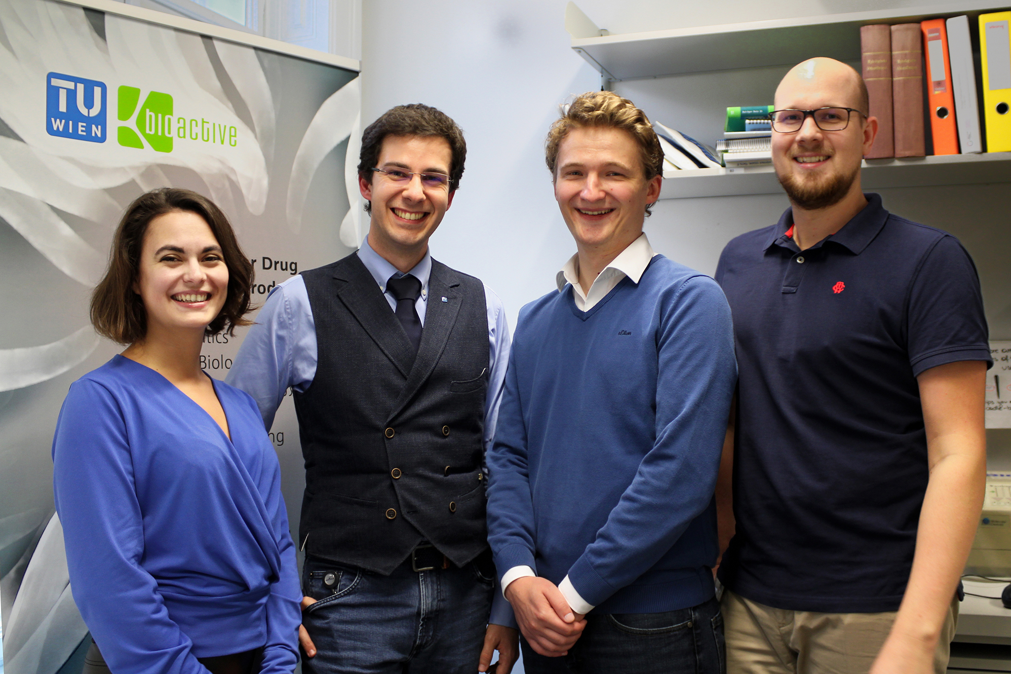 The research team. From left: Denise Schaffer, Gabriel Alexander Vignolle, Leopold Zehetner, Christian Derntl. © Audrey Masi© Audrey Masi Group photo showing the four researchers in the office: Denise Schaffer, Gabriel Alexander Vignolle, Leopold Zehetner, Christian Derntl