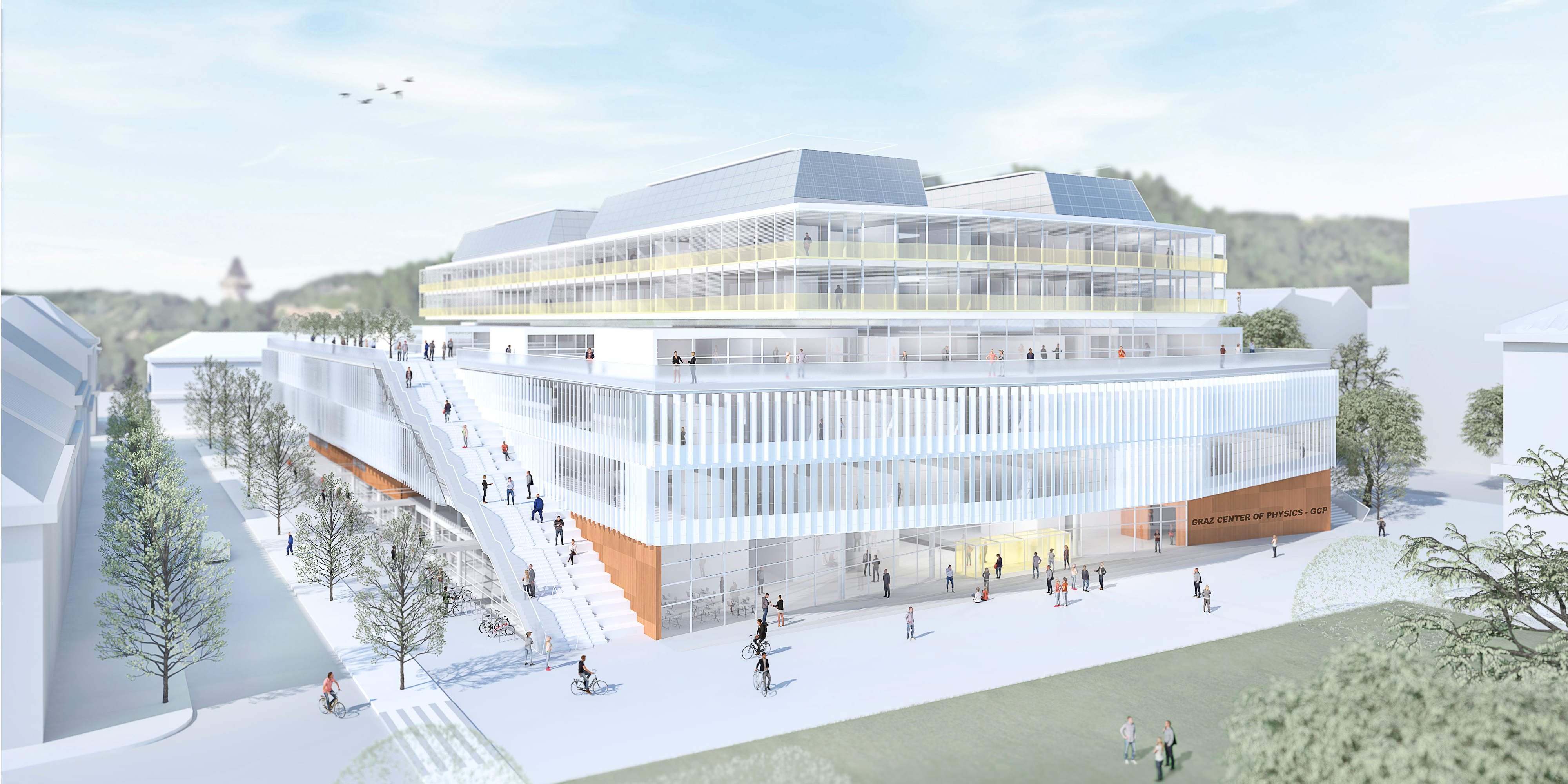 © Aberjung GmbH Grafische Darstellung eines großen Gebäudeblocks, mit vielen Außentreppen und Holzelementen.