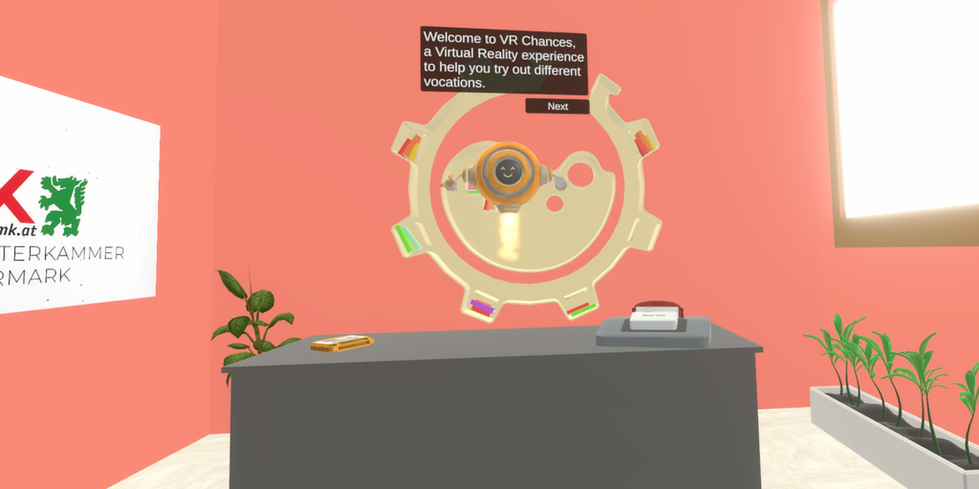 VRChances lets users try out different job profiles. Image source: HCC - TU Graz Screenshot from a computer-generated room with a selection wheel in the centre.